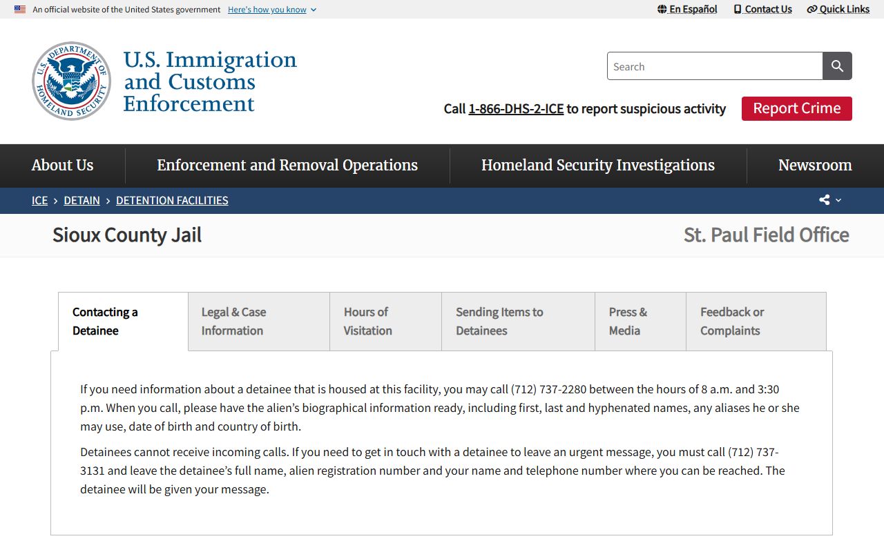 ICE Sioux County Jail detention facility page for inmate custody lookup